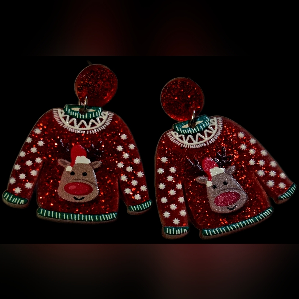 Festive Red Reindeer Sweater Earrings
